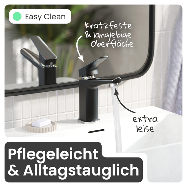 Waschtischarmatur in einem Badezimmer mit pflegeleichter und alltagstauglicher Oberfläche
