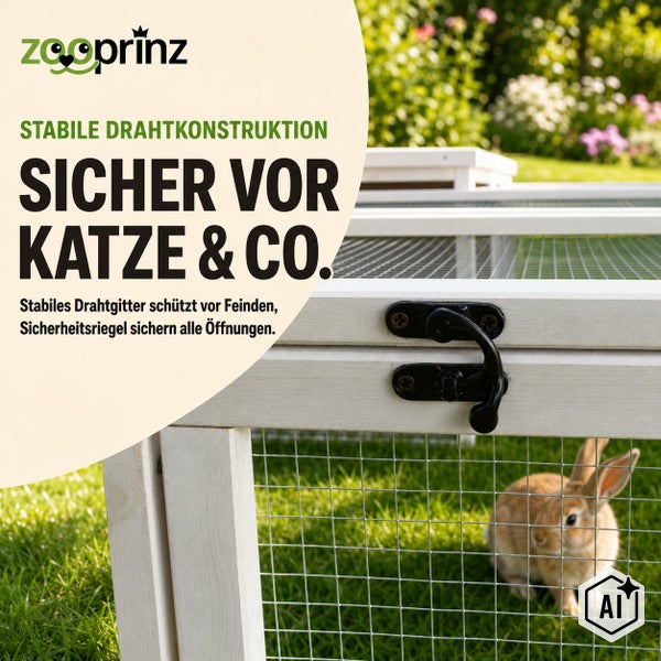 Kaninchenfreigehege aus Holz mit stabilem Drahtgitter und Sicherheitsriegel im Garten mit Zooprinz Logo.