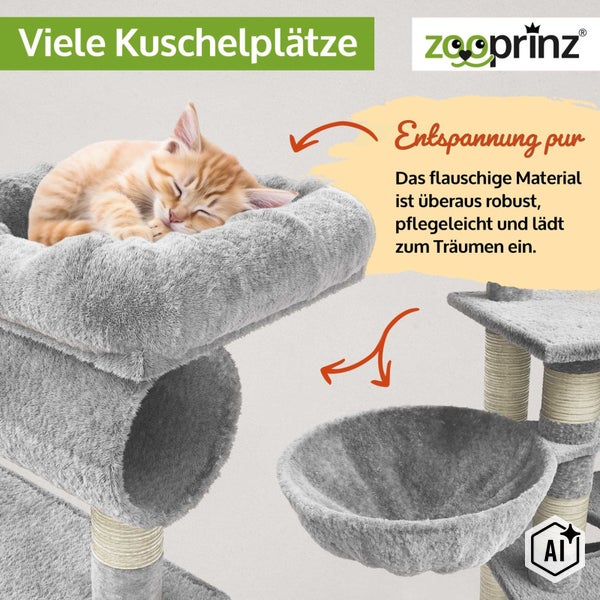 Zooprinz Kratzbaum mit flauschigen Liegeflachen und Hangeliege für Katzen mit schlafendem Katzenkind.