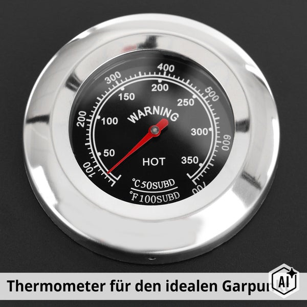 Rundes Grillthermometer mit analoger Anzeige für Celsius und Fahrenheit zur Temperaturkontrolle am Grill.