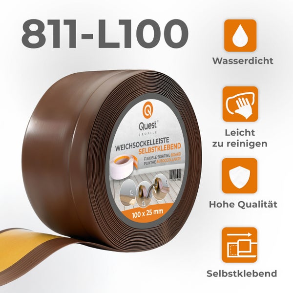 Quest Weichsockelleiste Selbstklebend, Breite Sockelleiste 100 x 25 mm, PVC Knickleiste für Wand, Boden, Flexibel, Braun, 1 Meter