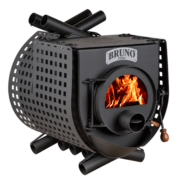 Bruno Pyro Warmluftofen aus Stahl mit Holzfeuerung und sichtbarem Feuer hinter der Ofentür