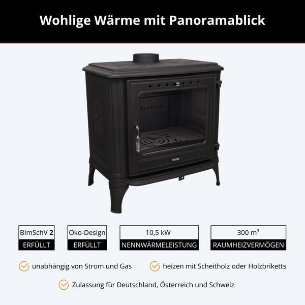 Gusseiserner Kaminofen, 10,5 Kilowatt, 300 Kubikmeter Raumheizvermögen, unabhängig von Strom und Gas, erfüllt BImSchV 2 und Ökodesign.