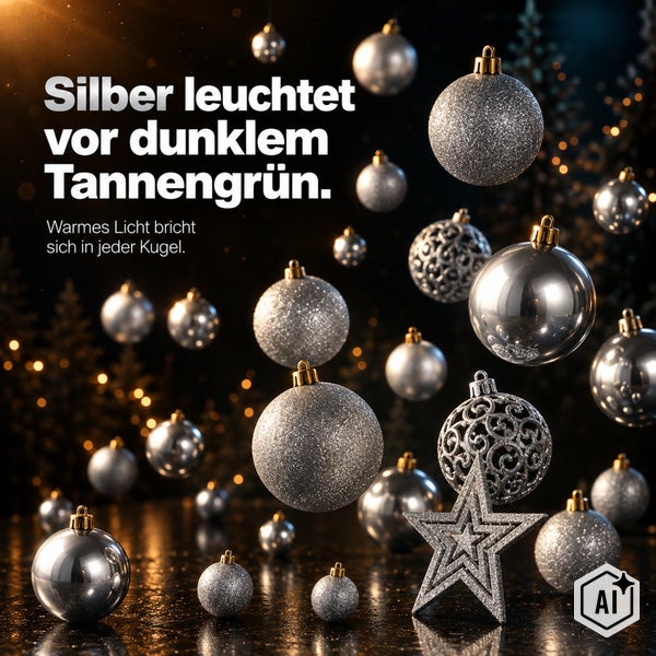 Silberne Weihnachtsbaumkugeln und ein Stern vor einem dunklen Hintergrund mit warmen Lichteffekten.