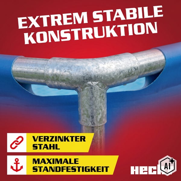 Detailansicht der verzinkten Stahlrahmenverbindung eines Hecht Gartenpools mit Hinweis auf hohe Stabilität.