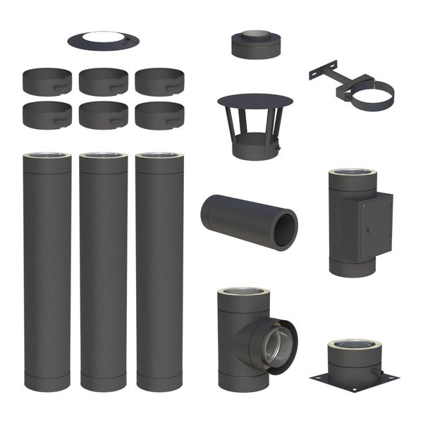 Set aus doppelwandigen Edelstahlschornstein-Komponenten mit Rohrelementen, T-Stück, Wandhalterung, Klemmbändern und Schornsteinhaube.