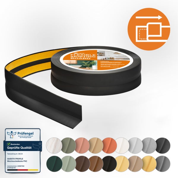 Quest Weichsockelleiste Selbstklebend 30 x 30 mm, PVC, Flexibel, Schwarz, 5 Meter