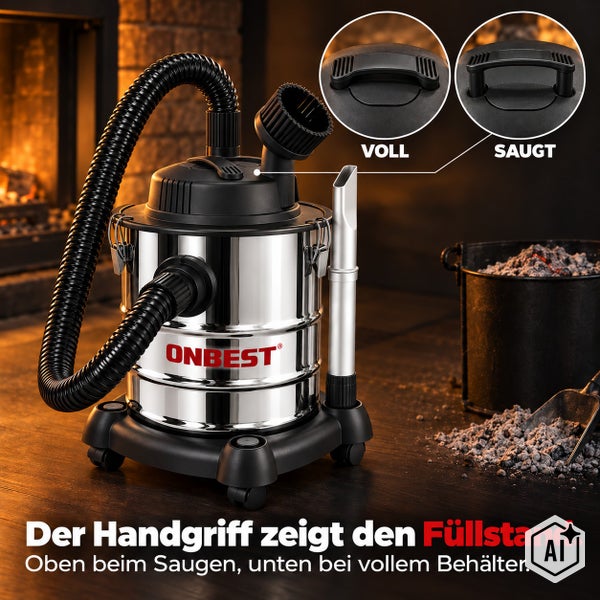 Aschesauger mit Rundbuerstenduese, Parkhalterung fuer Saugrohr und vier Lenkrollen fuer einfache Handhabung bei der Kaminreinigung.