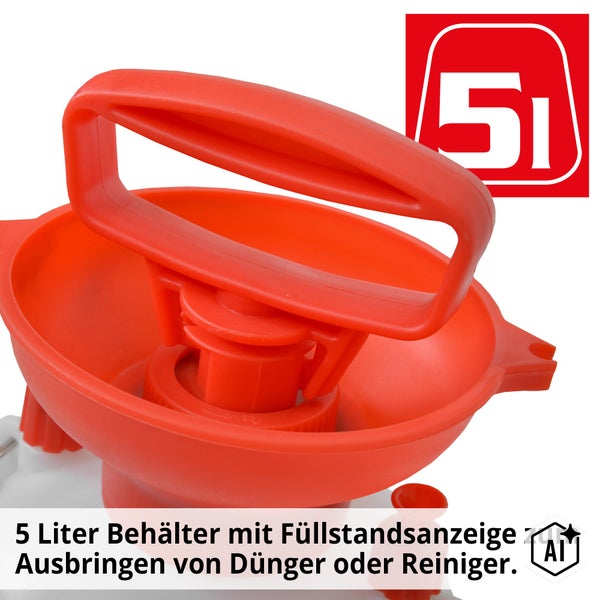 Drucksprüher mit 5 Liter Fassungsvermögen und integrierter Füllstandsanzeige für Dünger oder Reinigungsmittel.