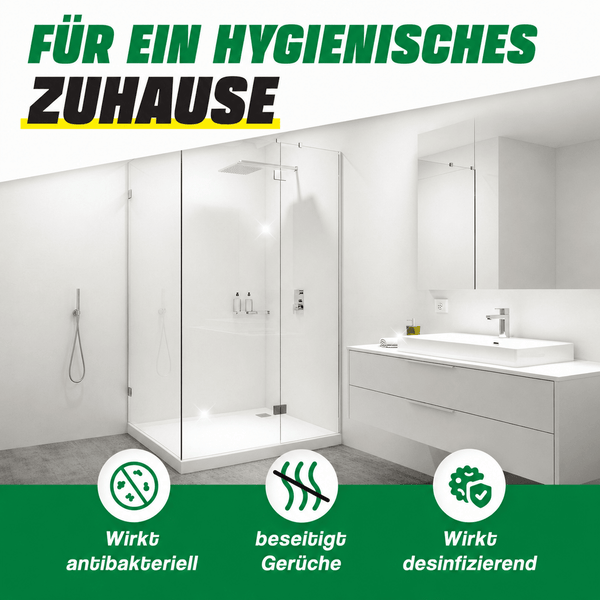 Modernes Badezimmer mit Glasduschkabine und Waschbecken, Info zu antibakterieller und desinfizierender Wirkung sowie Geruchsbeseitigung.