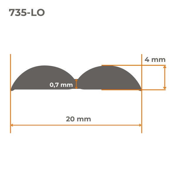 Profilleiste mit Maßangaben: 20 mm Breite, 4 mm Höhe, 0,7 mm Mittelsteg