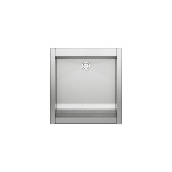 Quadratisches Edelstahl-Spülbecken mit Abfluss in der Draufsicht.