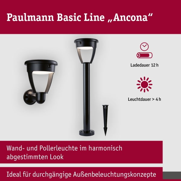 Paulmann Basic Line Ancona Außenwand und Pollerleuchte mit Solarbetrieb, 12 Stunden Ladedauer und über 4 Stunden Leuchtdauer.