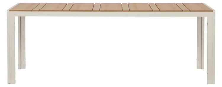 Rechteckiger Gartentisch mit Metallgestell und Lamellentischplatte in Holzoptik.
