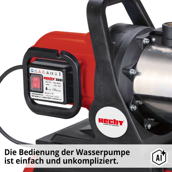 Hecht Gartenpumpe mit gut erreichbarem Ein und Ausschalter und Typenschild mit technischen Daten