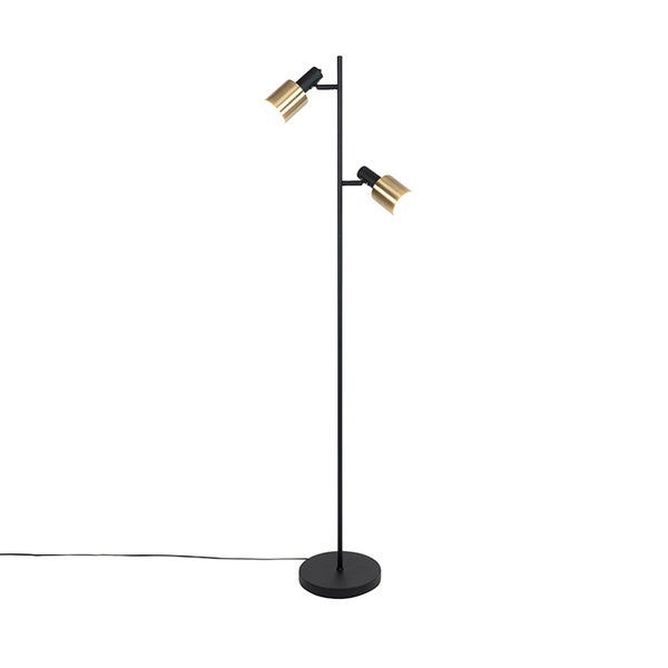 QAZQA - Modern Design-Stehlampe schwarz mit Gold I Messingenen 2-Lichtern - Stijn I Wohnzimmer I Schlafzimmer - Stahl Länglich - LED geeignet E27