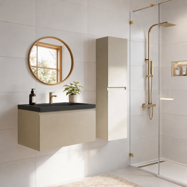 Modernes Badezimmer mit Waschtisch, hängendem Seitenschrank, rundem Spiegel und begehbarer Dusche mit Armaturen in Metalloptik.