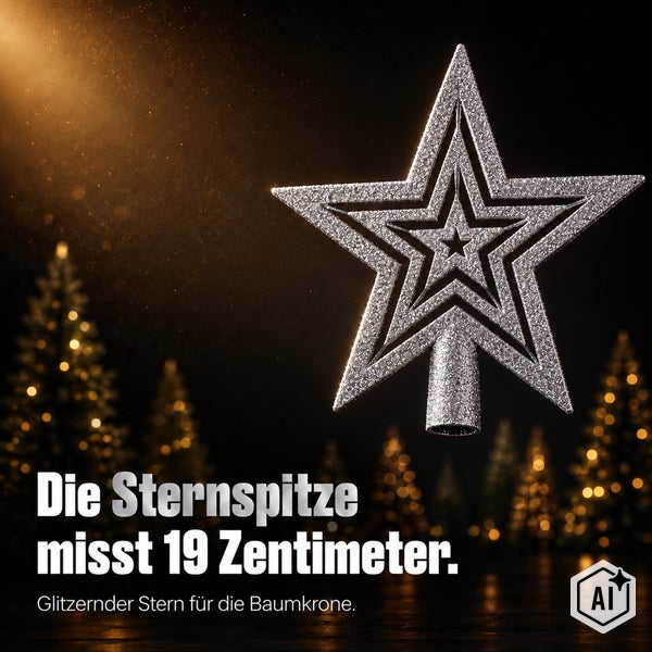 Glitzernde Weihnachtsbaumspitze in Sternform mit einer Größe von 19 Zentimetern für die Weihnachtsdekoration.