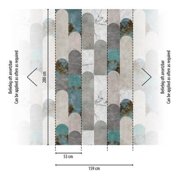 Vliestapete mit geometrischem Bogenmuster in Stein- und Marmoroptik, Höhe 280 Zentimeter, Breite 159 Zentimeter, beliebig oft ansetzbar.