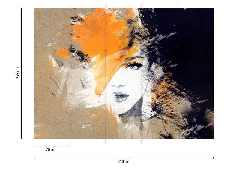 Fototapete Vlies mit abstraktem Frauenporträt, Orange und Schwarz, Maße 350 mal 255 Zentimeter, 5 Bahnen.