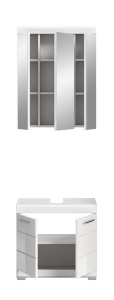 Modernes weißes Badezimmermöbel Set mit offenem Spiegelschrank und offenem Waschbeckenunterschrank.