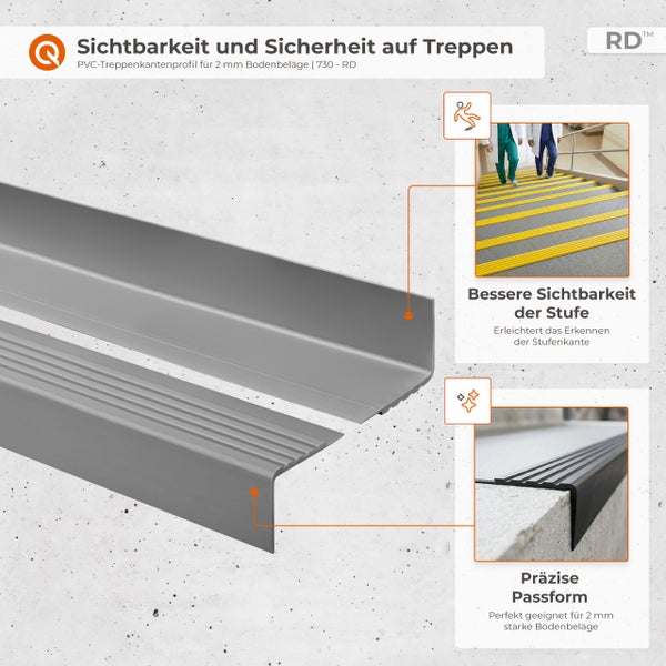PVC-Treppenkantenprofil für 2 Millimeter starke Bodenbeläge zur Erhöhung der Sichtbarkeit und Sicherheit auf Treppenstufen.