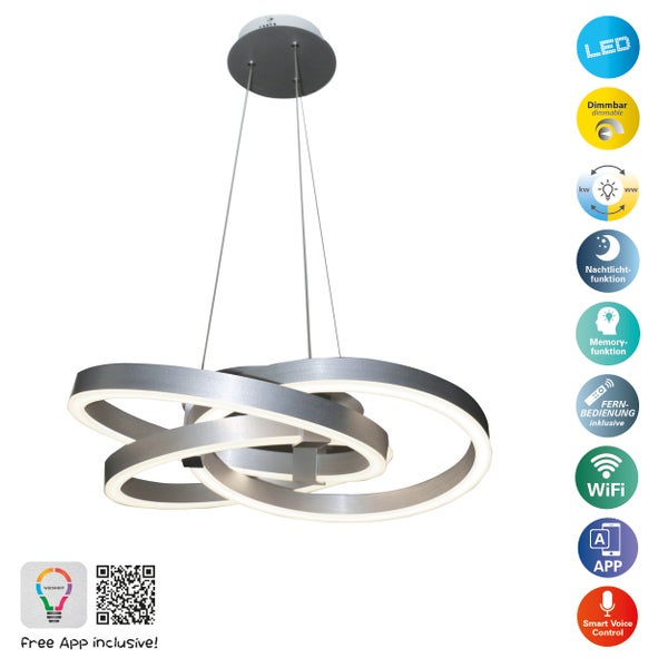 LED-Pendelleuchte mit drei Ringen, dimmbar, mit Fernbedienung und App-Steuerung