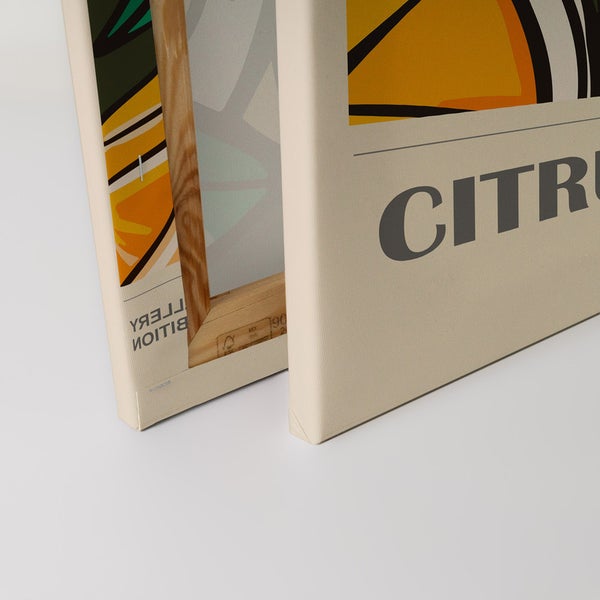 Nahaufnahme von zwei Leinwandbildern mit dem Aufdruck Citrus.