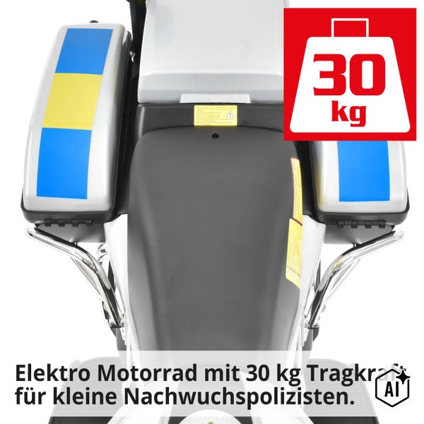 Elektro Motorrad für Kinder im Polizeidesign mit einer maximalen Tragkraft von 30 Kilogramm.