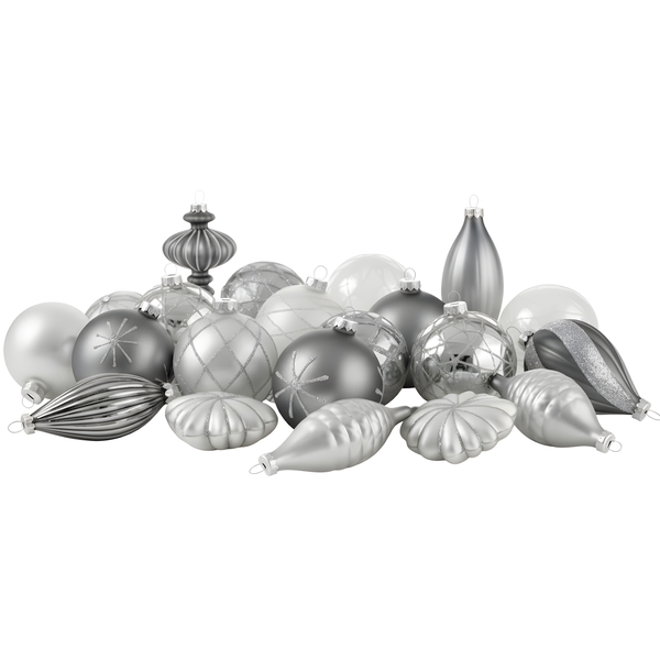 Set aus Weihnachtsbaumschmuck in verschiedenen Formen wie Kugeln, Tropfen und Zapfen mit matten, glänzenden und glitzernden Mustern.