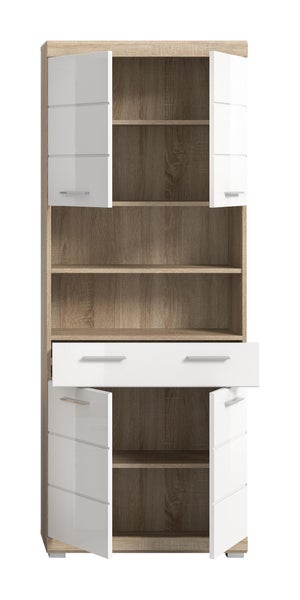 Hochschrank mit Korpus in Eichen-Optik, vier weißen Glanzfronten, einer Schublade und offenen Regalen.