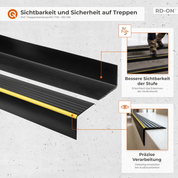 Schwarzes PVC-Treppenkantenprofil mit gelber Kante für mehr Sicherheit und Sichtbarkeit auf Treppen, Anwendungsbeispiele und RD-ON Logo.