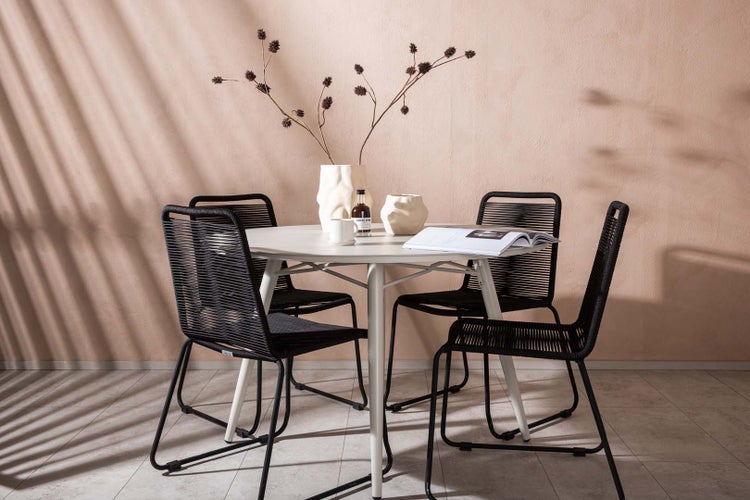 Lina Gartenset Tisch Ø120cm beige, 4 Stühle Lindos schwarz. 120 X 120 X 74 cm