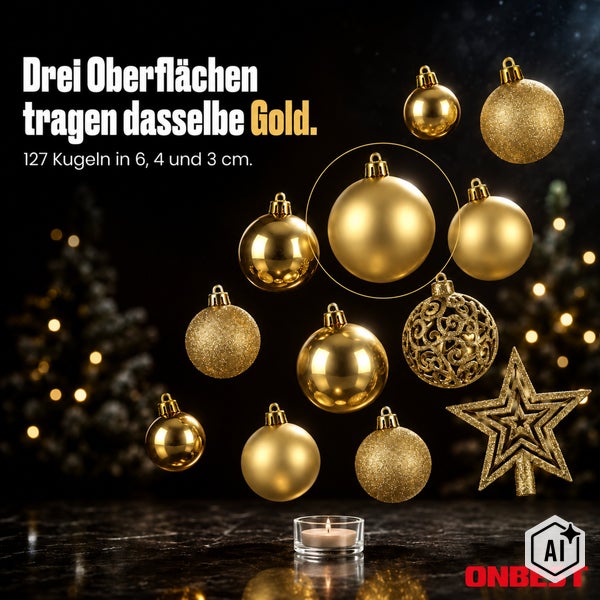 Set aus 127 goldenen Weihnachtskugeln in verschiedenen Oberflächen und Groessen von 3 bis 6 Zentimetern sowie ein Stern Anhaenger.