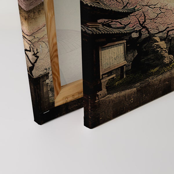 Nahaufnahme einer Leinwand mit einem japanischen Landschaftsmotiv