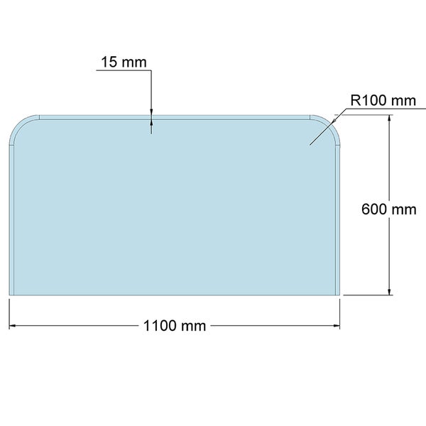 Technische Zeichnung einer Glasplatte mit abgerundeten oberen Ecken. Maße: Breite 1100 Millimeter, Höhe 600 Millimeter, Stärke 15 Millimeter, Radius oben 100 Millimeter.