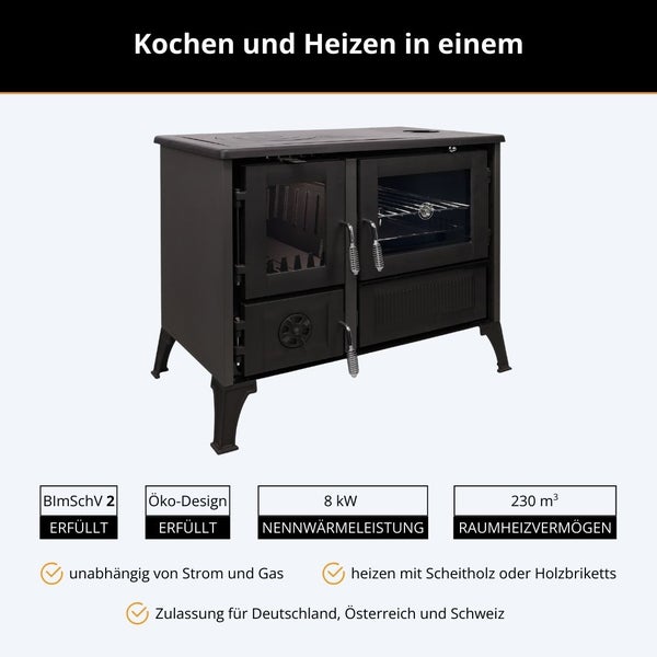 Holzherd mit Backofen zum Kochen und Heizen, 8 Kilowatt, 230 Kubikmeter Heizvermögen, erfüllt Emissions- und Ökodesign-Richtlinien.