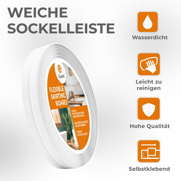 Quest Logo. Weiche Sockelleiste in einer Rolle, wasserdicht, leicht zu reinigen, hohe Qualität und selbstklebend.