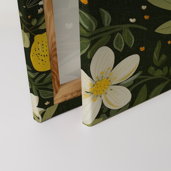 Nahaufnahme einer Leinwand mit Zitronen- und Blumenmuster