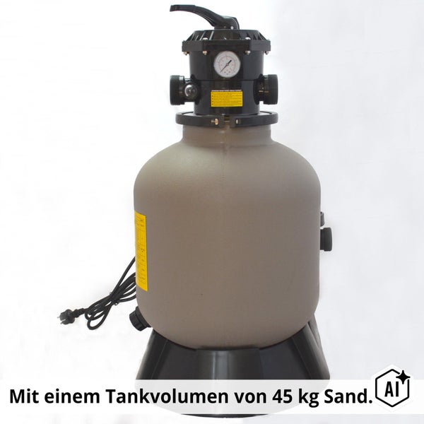 Sandfilteranlage für Pools mit einem Tankvolumen von 45 Kilogramm Sand inklusive Manometer und Mehrwegeventil.