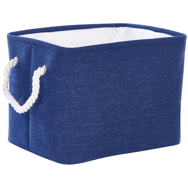 Blaue rechteckige Aufbewahrungsbox aus Stoff mit weißen Seilgriffen und weißem Innenfutter.