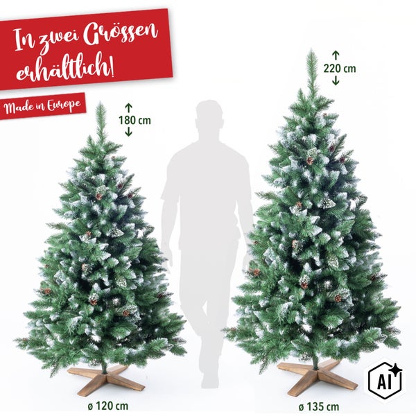 Zwei künstliche Weihnachtsbäume mit Schneeoptik und Zapfen, erhältlich in den Höhen 180 Zentimeter und 220 Zentimeter mit Ständer.