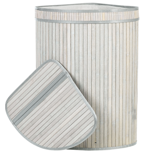 Wäschekorb aus Bambuslamellen in D-Form mit Deckel, hellgrau.