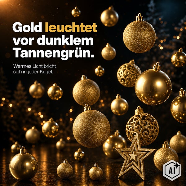Weihnachtskugeln und ein Stern in verschiedenen Ausführungen vor einem dunklen Hintergrund mit weihnachtlicher Lichtstimmung