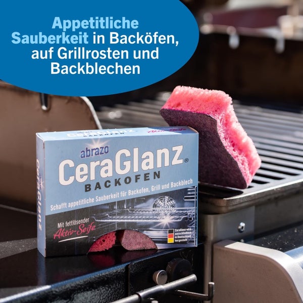 Abrazo CeraGlanz Backofen Reiniger Set mit Schwamm auf einem Grillrost zur Reinigung von Backöfen, Grills und Backblechen.
