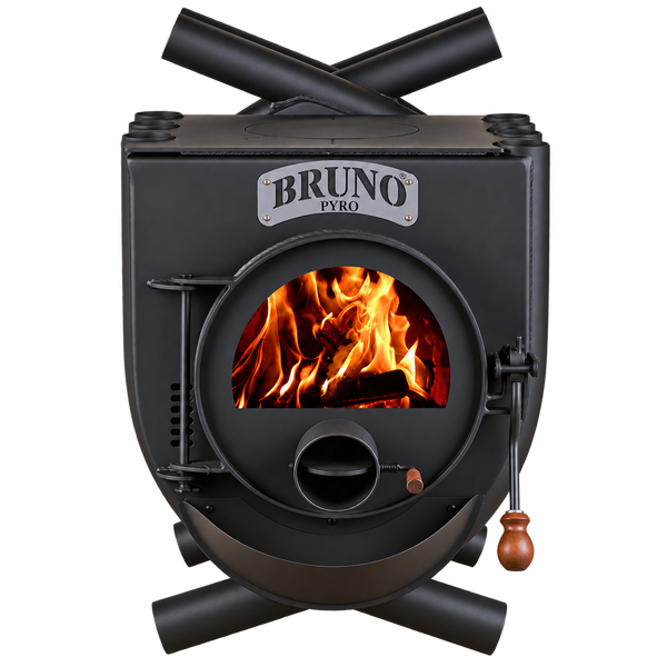 Bruno Pyro Warmluftofen aus Stahl mit Holzfeuerung und brennendem Feuer hinter der Sichtscheibe.
