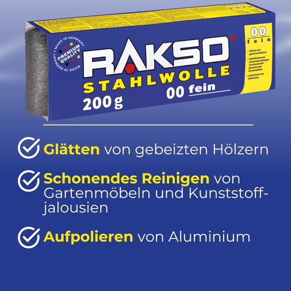 Rakso Stahlwolle 00 fein, 200 Gramm Packung zum Glätten von Holz, Reinigen von Gartenmöbeln und Polieren von Aluminium.
