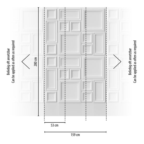 Fototapete mit 3D-Rahmen-Optik, Maße 280 Zentimeter Höhe, 159 Zentimeter Breite aus 3 Bahnen à 53 Zentimeter, beliebig oft ansetzbar.