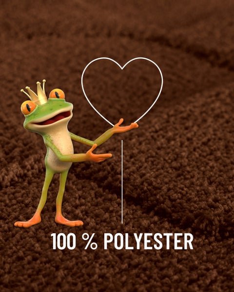 Frosch mit Krone auf Teppichboden zeigt auf ein Herzsymbol mit dem Text 100 Prozent Polyester.