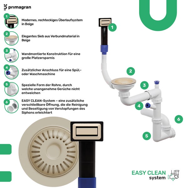 Spültischablaufgarnitur mit rechteckigem Überlaufsystem und Wandmontage für mehr Platzersparnis